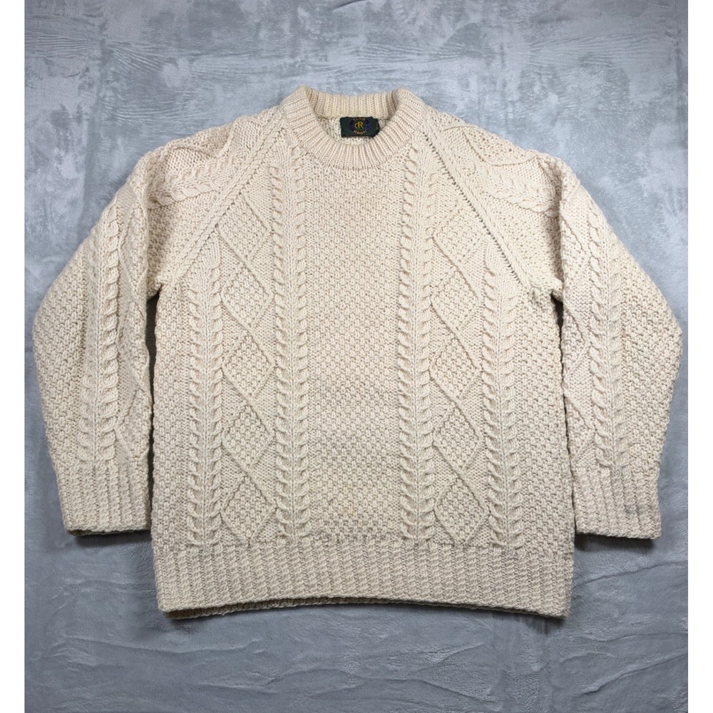 Vintage Club Room 100% Wool Sweater Men L Cream Aran Fisherman Cable Knit USA